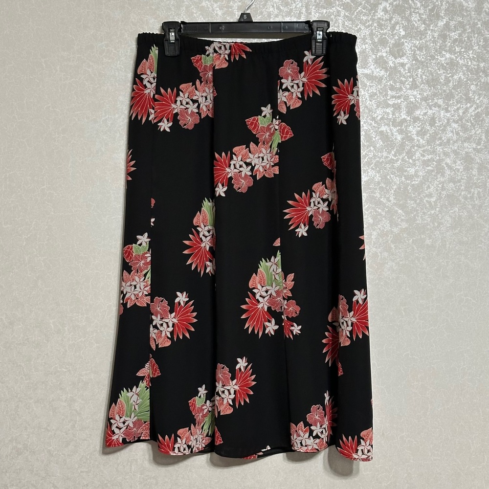 Tanjay Floral Black Midi Flare Skirt Red Flowers Lined Elastic Waist Petite‎ 8P